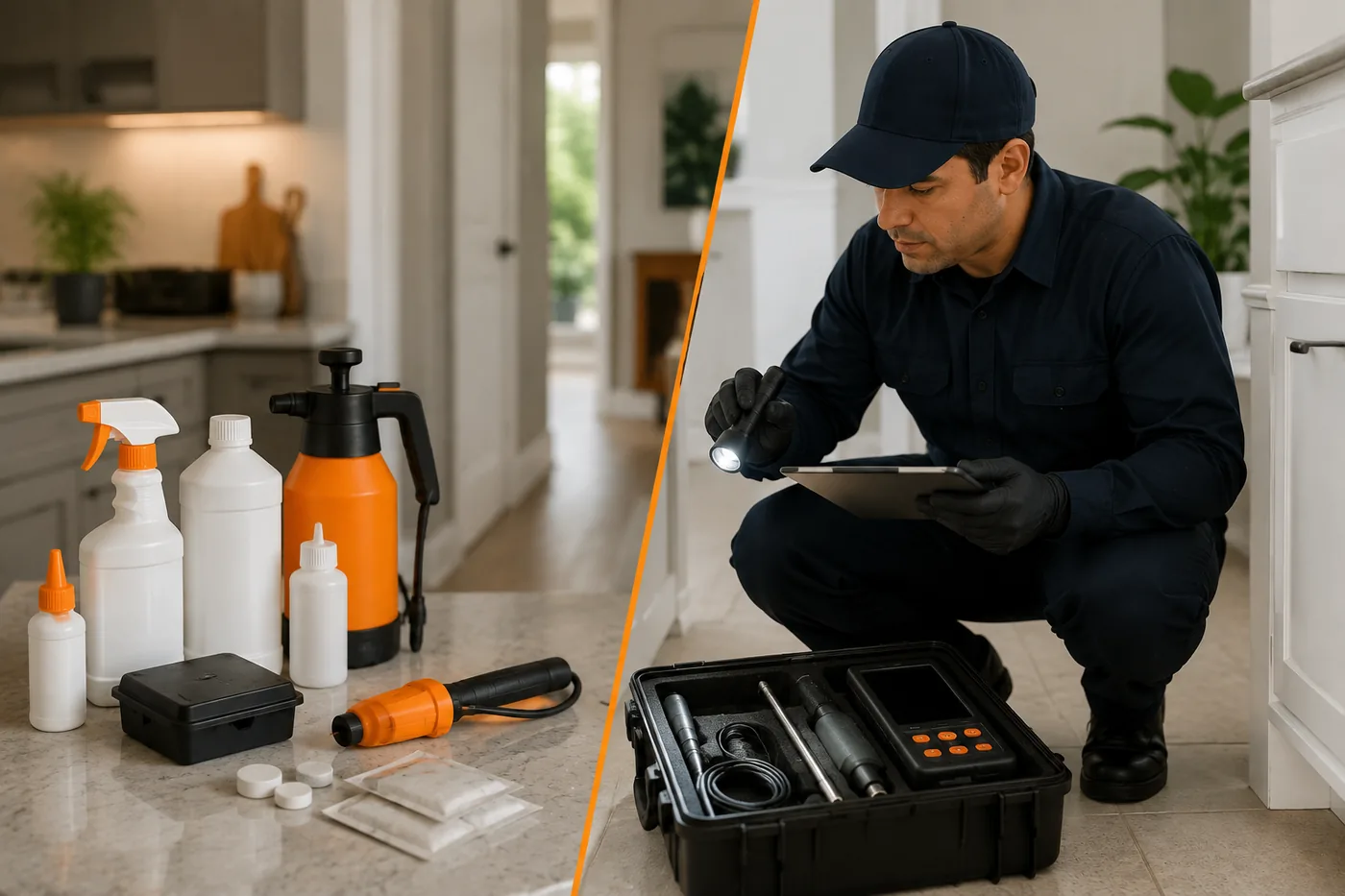 Split view: DIY pest control products beside professional inspection equipment