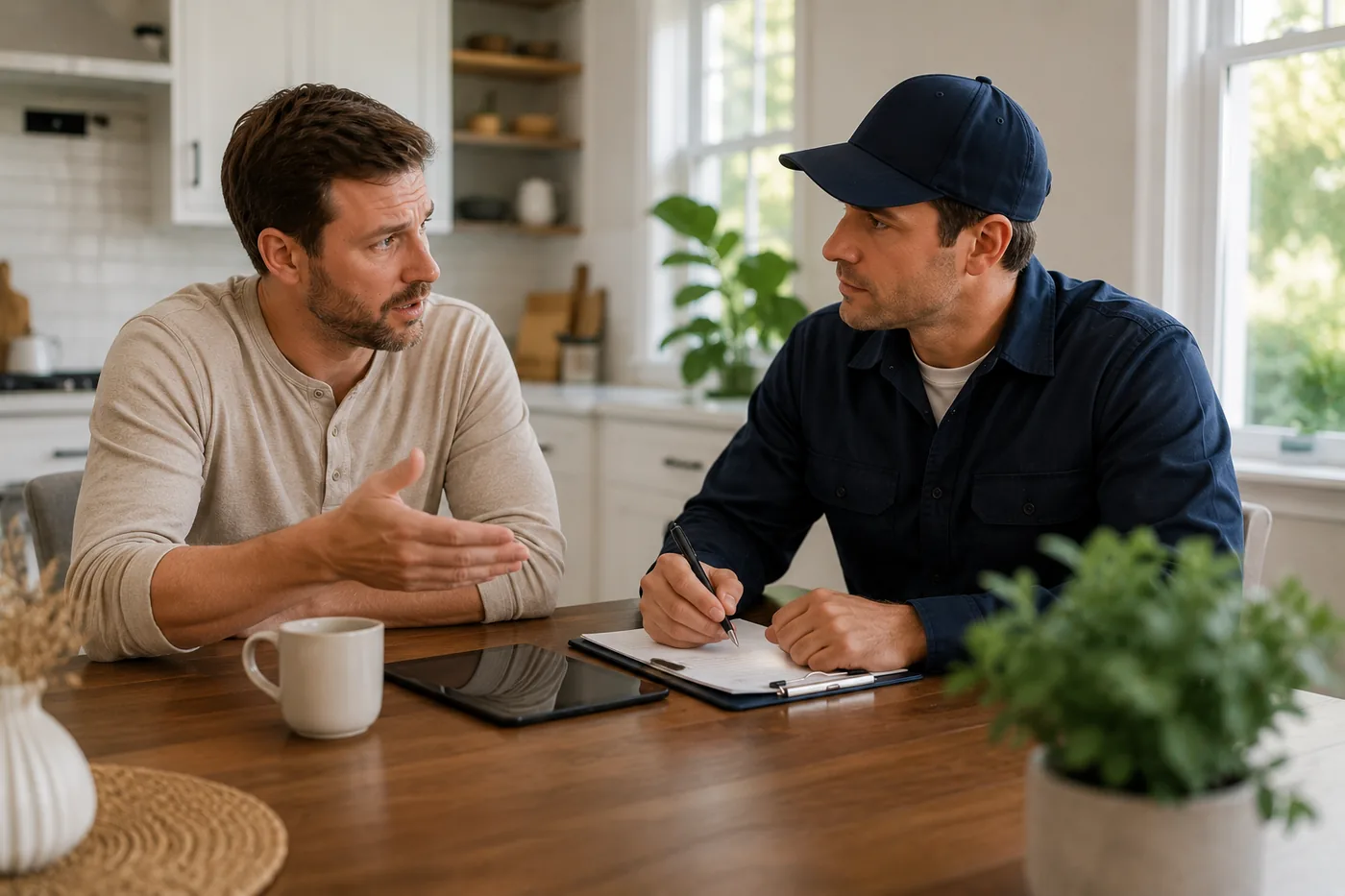 A homeowner discussing a pest problem with a technician in the kitchen