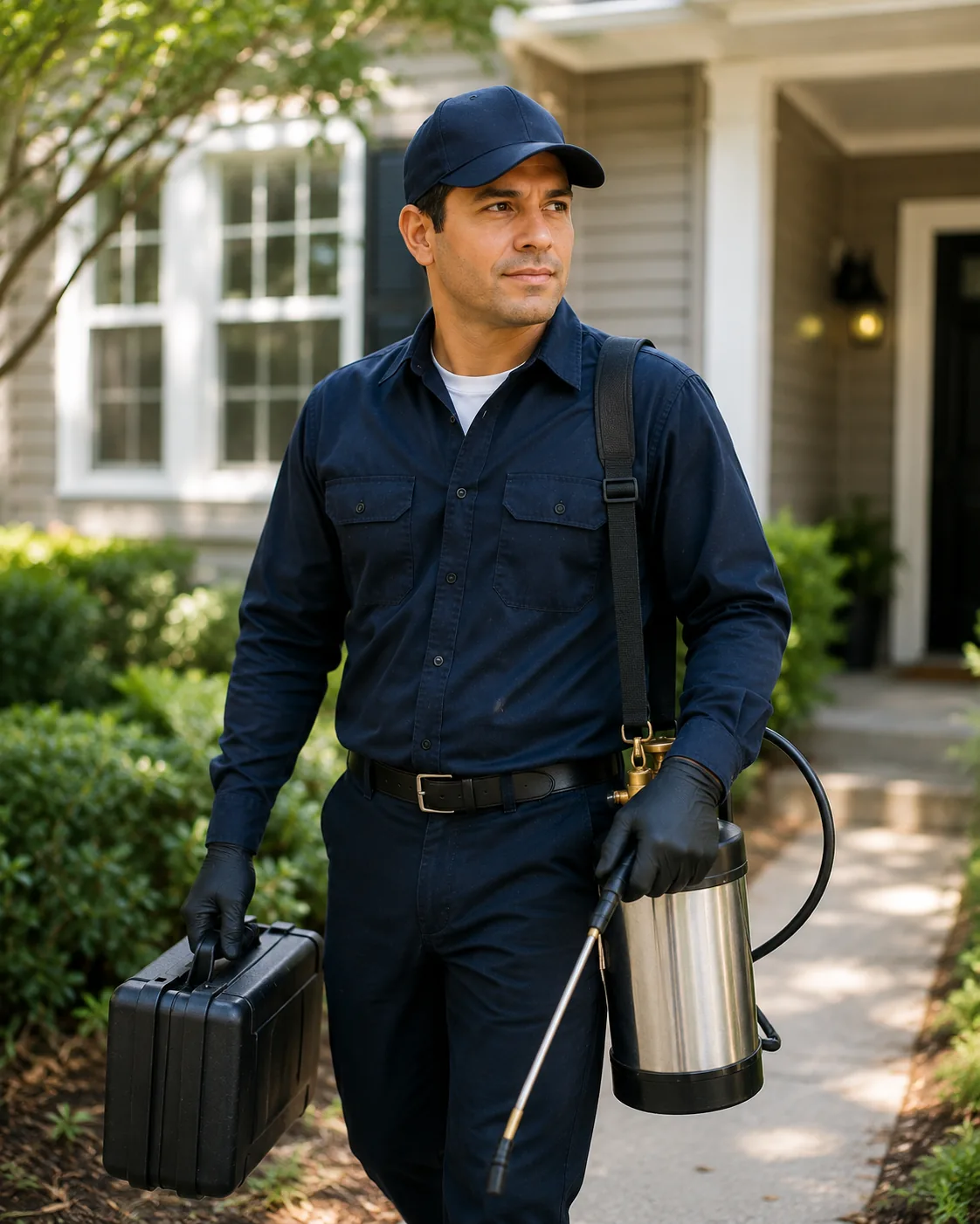 A licensed pest control professional at a suburban home