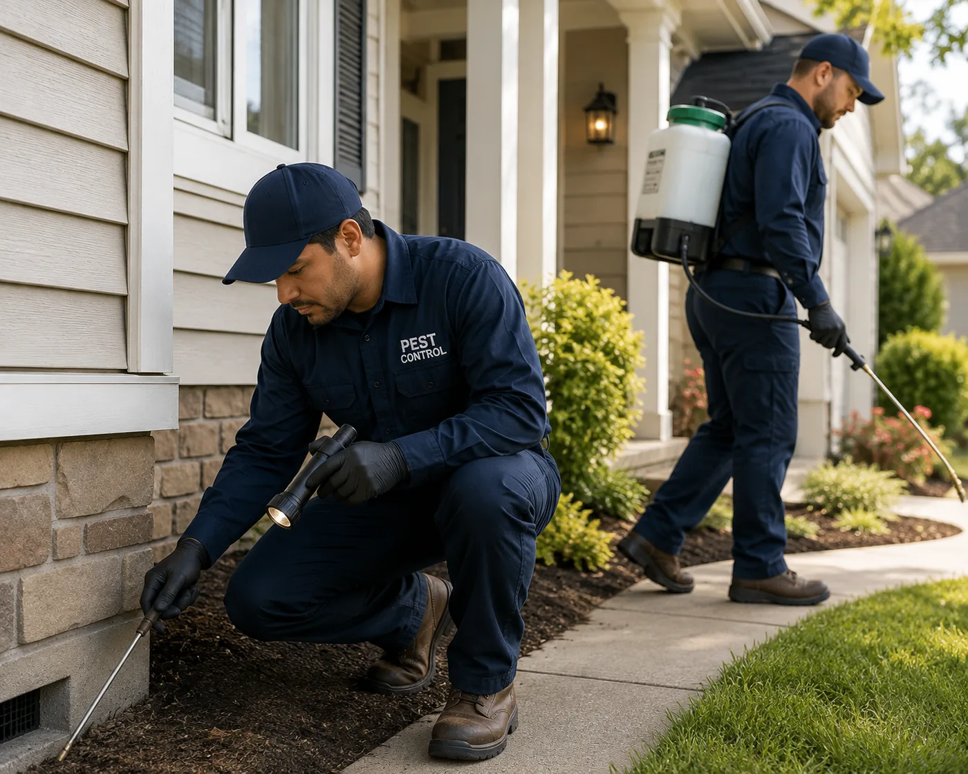 Licensed pest control technician at work outside an American home